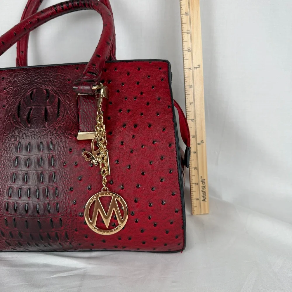 Mia K Farrow Red Ostrich Crocodile Embossed Satchel Handbag Gold Hardware